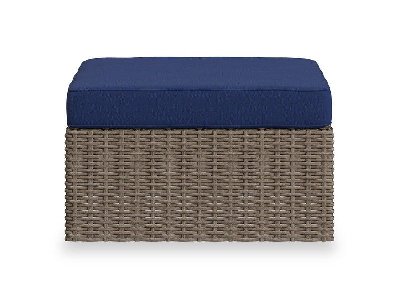 Ensemble Naples 7 pièces pour la terrasse à l’extérieur avec 3 fauteuils en coin, 2 fauteuils sans accoudoirs, fauteuil pour la terrasse et pouf - osier en résine tressé à la main, résistant aux rayons UV et aux intempéries - naturel et bleu
