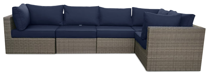 Fauteuil en coin Naples pour la terrasse à l’extérieur - osier en résine tressé à la main, résistant aux rayons UV et aux intempéries - naturel et bleu