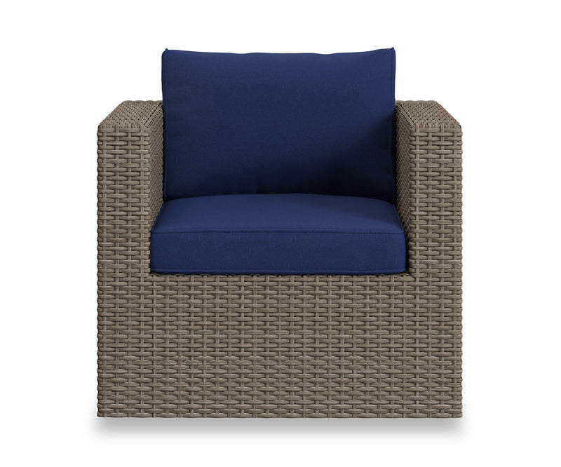 Ensemble Naples 10 pièces pour la terrasse à l’extérieur avec 3 fauteuils en coin, 2 fauteuils sans accoudoirs, fauteuil, grand pouf, 2 petits poufs et table de hauteur standard - osier en résine tressé à la main, résistant aux rayons UV et aux intempéries - naturel et bleu