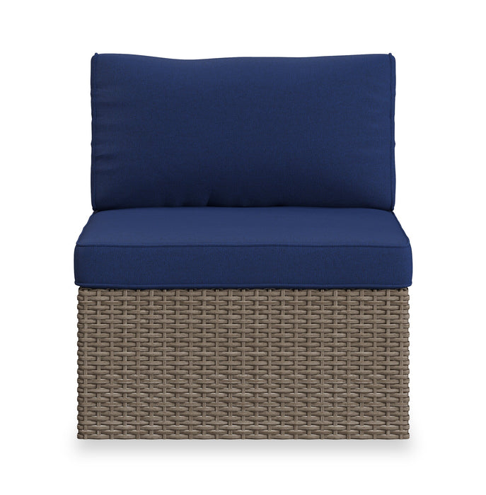 Ensemble Naples 10 pièces pour la terrasse à l’extérieur avec 3 fauteuils en coin, 2 fauteuils sans accoudoirs, fauteuil, grand pouf, 2 petits poufs et table de hauteur standard - osier en résine tressé à la main, résistant aux rayons UV et aux intempéries - naturel et bleu