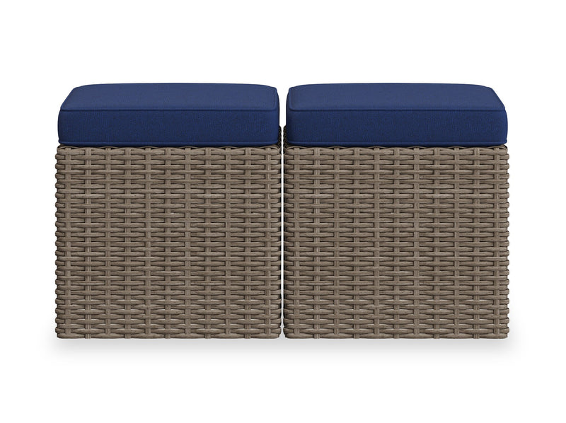 Ensemble Naples 10 pièces pour la terrasse à l’extérieur avec 3 fauteuils en coin, 2 fauteuils sans accoudoirs, fauteuil, grand pouf, 2 petits poufs et table de hauteur standard - osier en résine tressé à la main, résistant aux rayons UV et aux intempéries - naturel et bleu