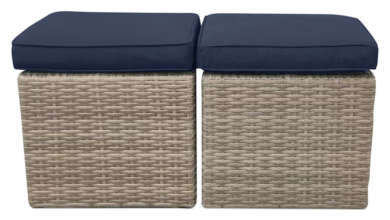 Ensemble de 2 petits poufs Naples pour la terrasse à l’extérieur - osier en résine tressé à la main, résistant aux rayons UV et aux intempéries - naturel et bleu