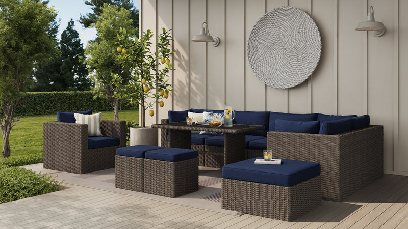 Ensemble Naples 10 pièces pour la terrasse à l’extérieur avec 3 fauteuils en coin, 2 fauteuils sans accoudoirs, fauteuil, grand pouf, 2 petits poufs et table de hauteur standard - osier en résine tressé à la main, résistant aux rayons UV et aux intempéries - naturel et bleu