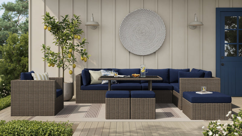Ensemble Naples 10 pièces pour la terrasse à l’extérieur avec 3 fauteuils en coin, 2 fauteuils sans accoudoirs, fauteuil, grand pouf, 2 petits poufs et table de hauteur standard - osier en résine tressé à la main, résistant aux rayons UV et aux intempéries - naturel et bleu
