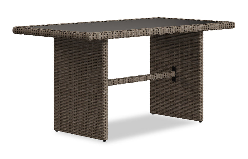 Table Naples de hauteur standard pour la terrasse à l’extérieur - osier en résine tressé à la main, verre, résistante aux rayons UV et aux intempéries - naturelle et noire