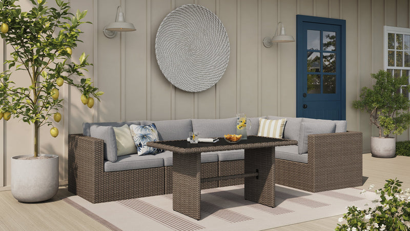 Table Naples de hauteur standard pour la terrasse à l’extérieur - osier en résine tressé à la main, verre, résistante aux rayons UV et aux intempéries - naturelle et noire