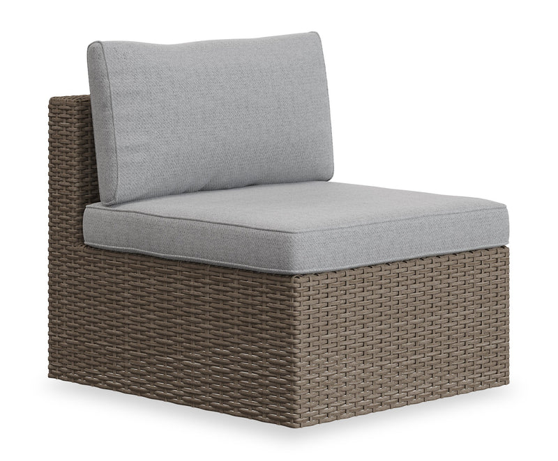 Fauteuil sans accoudoirs Naples pour la terrasse à l’extérieur - osier en résine tressé à la main, résistant aux rayons UV et aux intempéries - naturel et gris