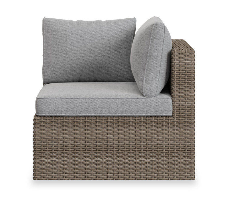 Fauteuil en coin Naples pour la terrasse à l’extérieur - osier en résine tressé à la main, résistant aux rayons UV et aux intempéries - naturel et gris