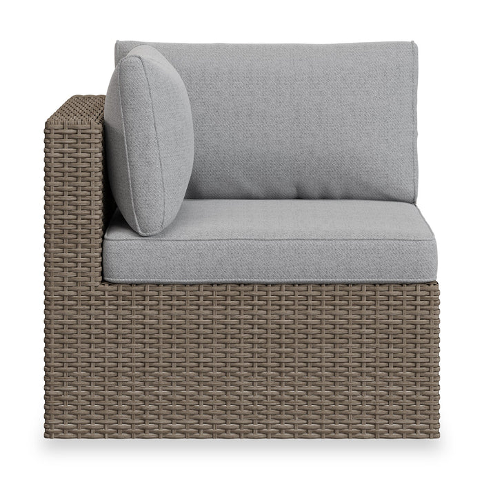 Fauteuil en coin Naples pour la terrasse à l’extérieur - osier en résine tressé à la main, résistant aux rayons UV et aux intempéries - naturel et gris