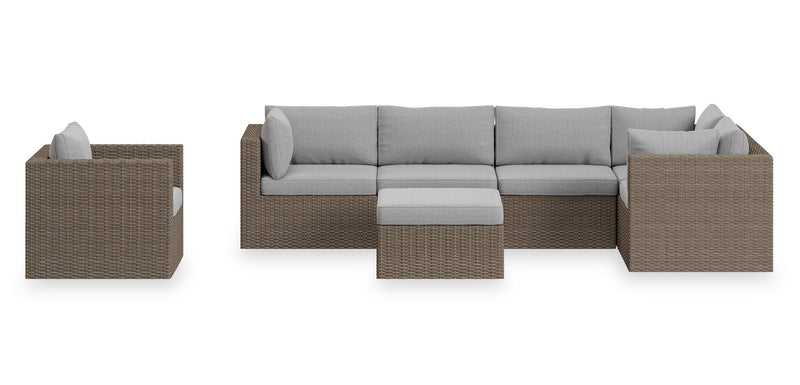 Grand pouf Naples pour la terrasse à l’extérieur - osier en résine tressé à la main, résistant aux rayons UV et aux intempéries - naturel et gris