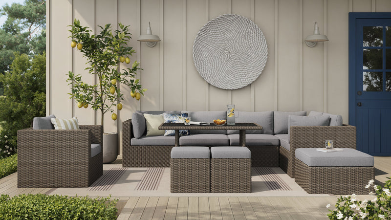 Ensemble Naples 10 pièces pour la terrasse à l’extérieur avec 3 fauteuils en coin, 2 fauteuils sans accoudoirs, fauteuil, grand pouf, 2 petits poufs et table de hauteur standard - osier en résine tressé à la main, résistant aux rayons UV et aux intempéries - naturel et gris