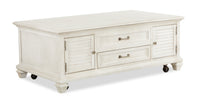 Table à café traditionnelle Newman de 50 po avec dessus relevable, rangement et roulettes - pin blanc albâtre