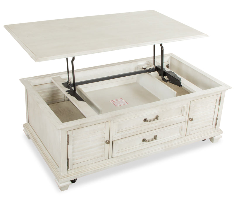Table à café traditionnelle Newman de 50 po avec dessus relevable, rangement et roulettes - pin blanc albâtre