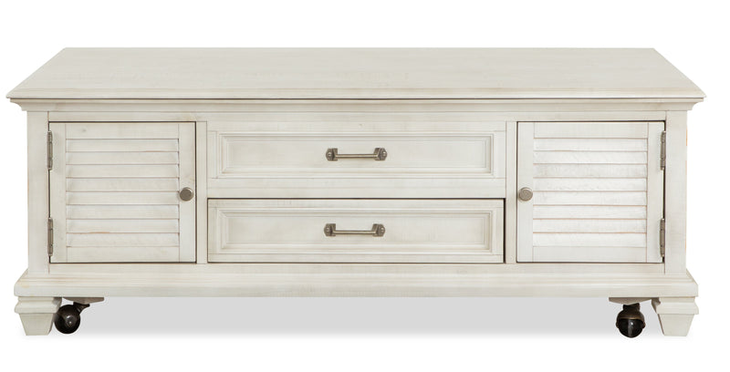 Table à café traditionnelle Newman de 50 po avec dessus relevable, rangement et roulettes - pin blanc albâtre