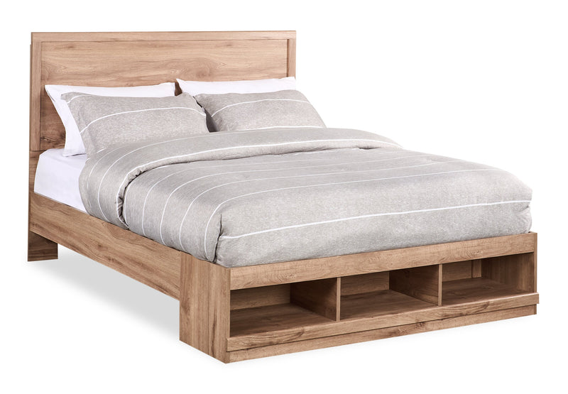 Lit plateforme Oakley fabriqué au Canada avec tête de lit et cadre de rangement, naturel - format grand lit
