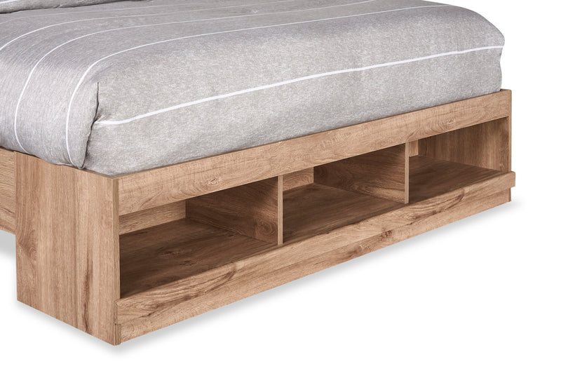 Lit plateforme Oakley fabriqué au Canada avec tête de lit et cadre de rangement, naturel - format grand lit