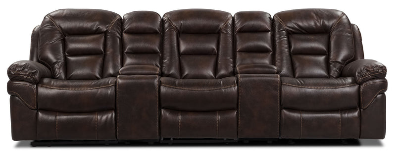 Sofa sectionnel inclinable Leo 5 pièces de style cinéma maison en tissu d’apparence cuir avec consoles de rangement et porte-gobelets - brun noyer