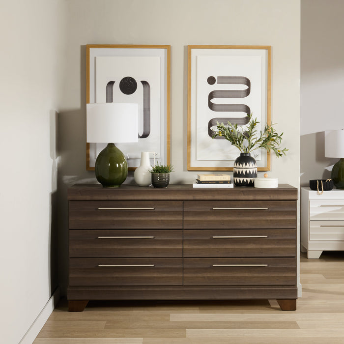 Commode Olivia de 61,3 po (L) x 32,8 po (H) à 6 tiroirs pour la chambre à coucher, fabriquée au Canada - grise
