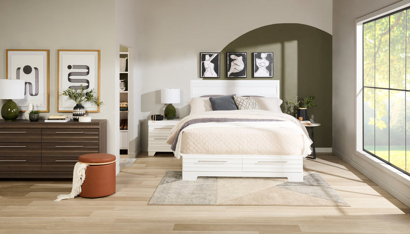 Lit plateforme de rangement Olivia fabriqué au Canada avec tête de lit et cadre de lit, blanc - format grand lit