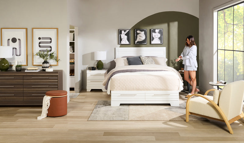 Lit plateforme de rangement Olivia fabriqué au Canada avec tête de lit et cadre de lit, blanc - format grand lit