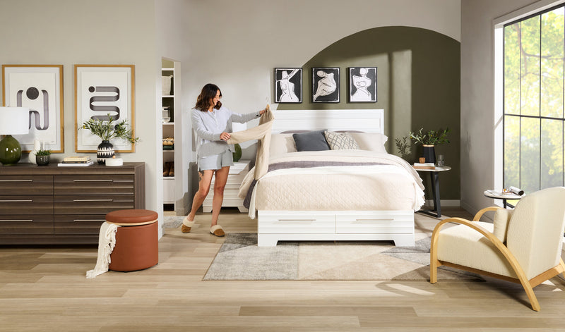 Lit plateforme de rangement Olivia fabriqué au Canada avec tête de lit et cadre de lit, blanc - format grand lit