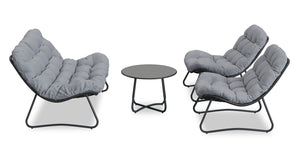Ensemble de conversation Oslo 4 pièces pour la terrasse à l’extérieur avec causeuse, 2 fauteuils de détente et table à café - osier en résine et métal, résistant aux rayons UV et aux intempéries - gris