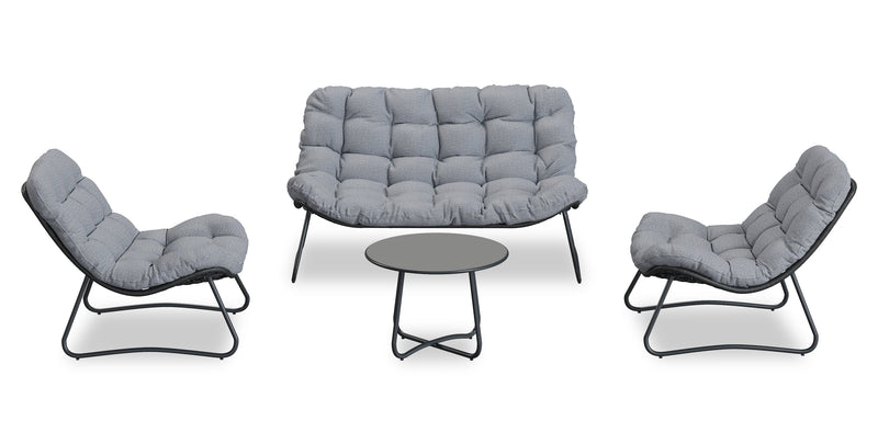 Ensemble de conversation Oslo 4 pièces pour la terrasse à l’extérieur avec causeuse, 2 fauteuils de détente et table à café - osier en résine et métal, résistant aux rayons UV et aux intempéries - gris