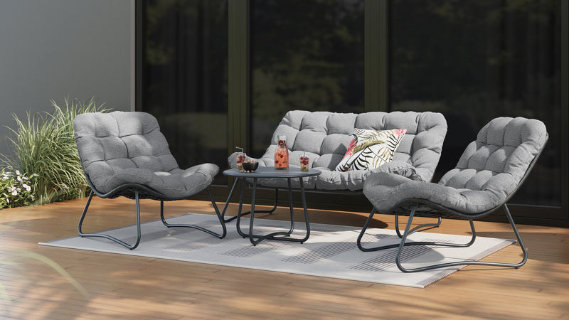 Ensemble de conversation Oslo 4 pièces pour la terrasse à l’extérieur avec causeuse, 2 fauteuils de détente et table à café - osier en résine et métal, résistant aux rayons UV et aux intempéries - gris