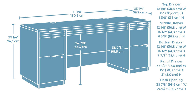 Bureau bahut Palo Alto de 71,18 po de qualité commerciale à 6 tiroirs - acajou