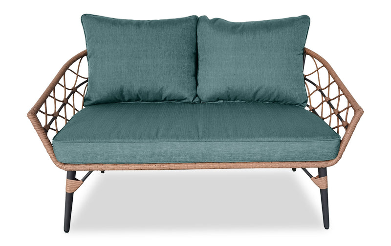 Kort & Co. Ensemble Panama 5 pièces pour la terrasse à l’extérieur avec causeuse, 2 fauteuils et grande et petite tables - osier en résine tressé à la main, résistant aux rayons UV et aux intempéries - naturel et vert