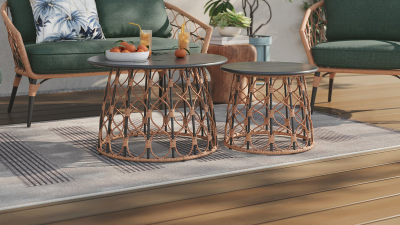 Kort & Co. Ensemble Panama 5 pièces pour la terrasse à l’extérieur avec causeuse, 2 fauteuils et grande et petite tables - osier en résine tressé à la main, résistant aux rayons UV et aux intempéries - naturel et vert