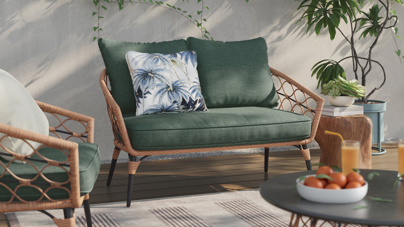 Kort & Co. Ensemble Panama 5 pièces pour la terrasse à l’extérieur avec causeuse, 2 fauteuils et grande et petite tables - osier en résine tressé à la main, résistant aux rayons UV et aux intempéries - naturel et vert