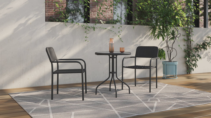 Ensemble bistro Paris 3 pièces pour la terrasse à l’extérieur avec 2 chaises et table à dessus en verre - osier en résine tressé à la main, résistant aux rayons UV et aux intempéries - noir