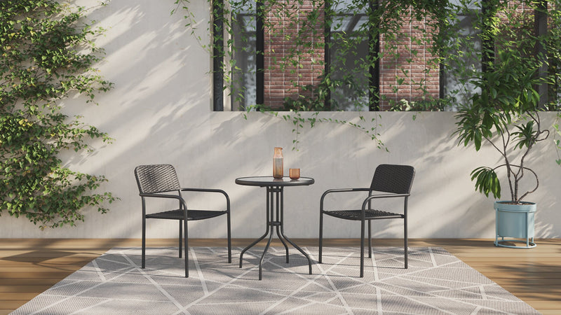 Ensemble bistro Paris 3 pièces pour la terrasse à l’extérieur avec 2 chaises et table à dessus en verre - osier en résine tressé à la main, résistant aux rayons UV et aux intempéries - noir