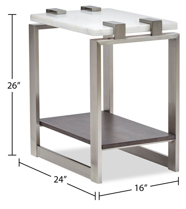 Table de fauteuil moderne Paradox de 16 po avec tablette - dessus en marbre blanc avec armature platine brossé