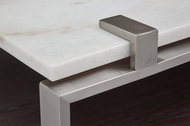 Table à café moderne Paradox de 48 po avec tablette - dessus en marbre blanc avec armature platine brossé