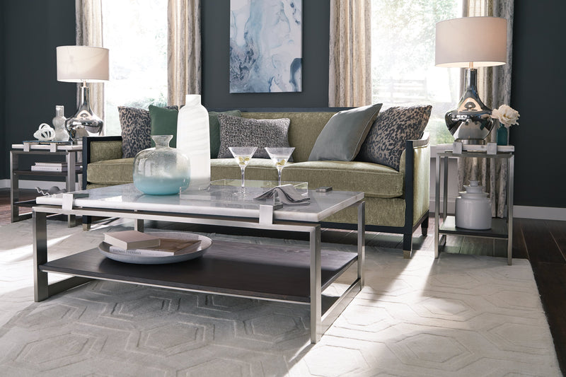 Table à café moderne Paradox de 48 po avec tablette - dessus en marbre blanc avec armature platine brossé