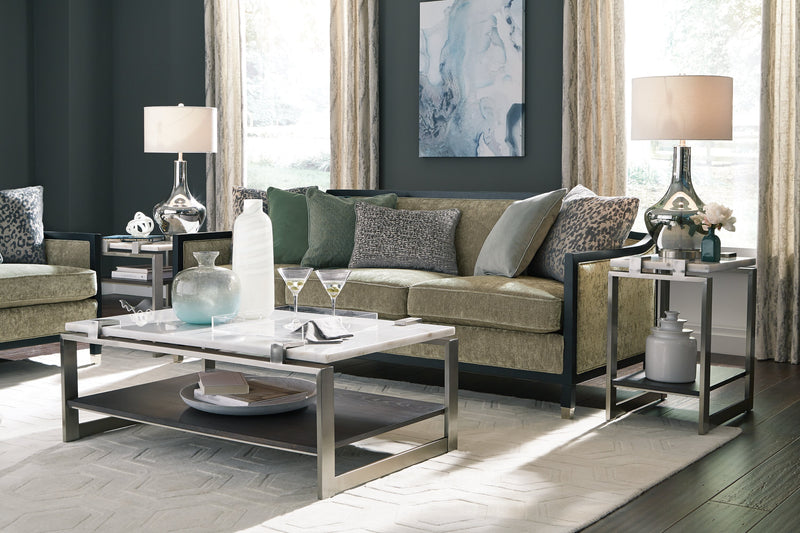 Table à café moderne Paradox de 48 po avec tablette - dessus en marbre blanc avec armature platine brossé