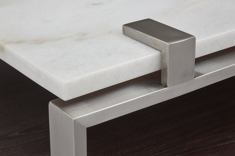 Table de salon moderne Paradox de 48 po avec tablette - dessus en marbre blanc avec armature platine brossé