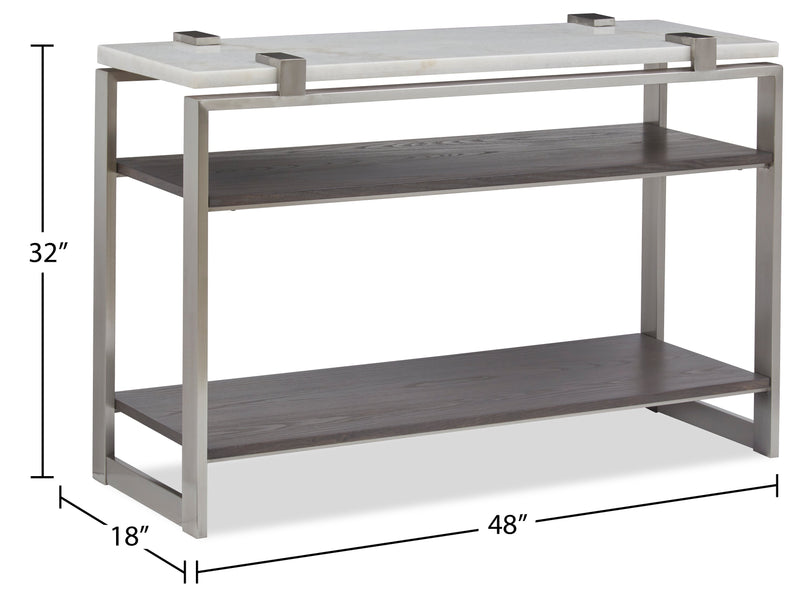 Table de salon moderne Paradox de 48 po avec tablette - dessus en marbre blanc avec armature platine brossé