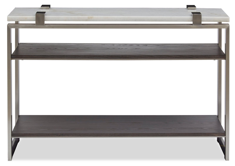 Table de salon moderne Paradox de 48 po avec tablette - dessus en marbre blanc avec armature platine brossé