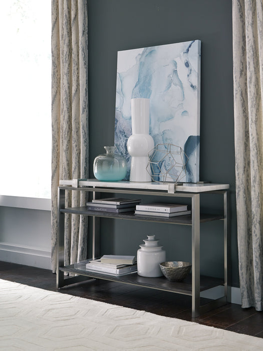 Table de salon moderne Paradox de 48 po avec tablette - dessus en marbre blanc avec armature platine brossé