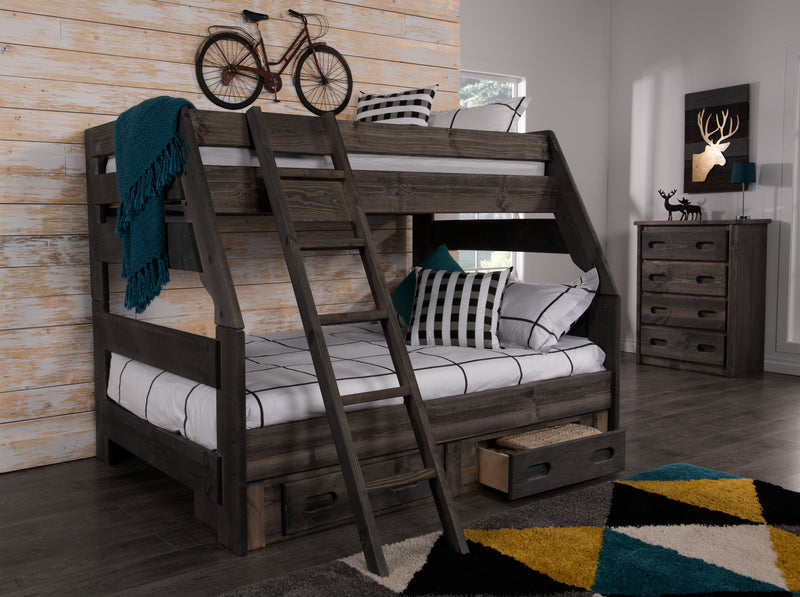 Lits superposés Piper en pin massif gris bois de grève avec garde-corps pour enfants - simple et double