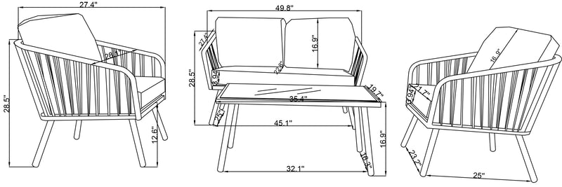 Ensemble de conversation Porto 4 pièces pour la terrasse à l’extérieur avec causeuse, 2 fauteuils et table à café - osier de type corde et métal, résistant aux rayons UV et aux intempéries - noir et gris