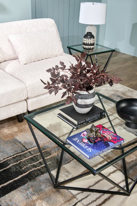 Table à café moderne Prism de 31,5 po avec dessus en verre - verre avec base en métal 
