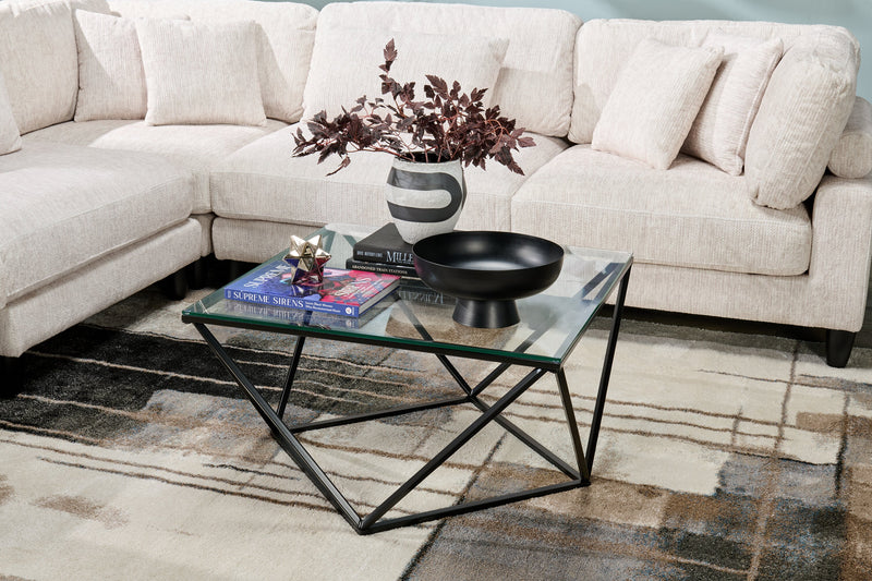 Table à café moderne Prism de 31,5 po avec dessus en verre - verre avec base en métal 