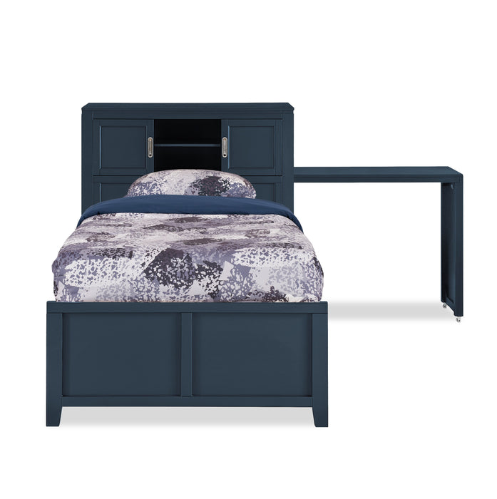 Lit plateforme Quinn avec tête de lit bibliothèque, bureau intégré et tabouret, bleu - format lit simple