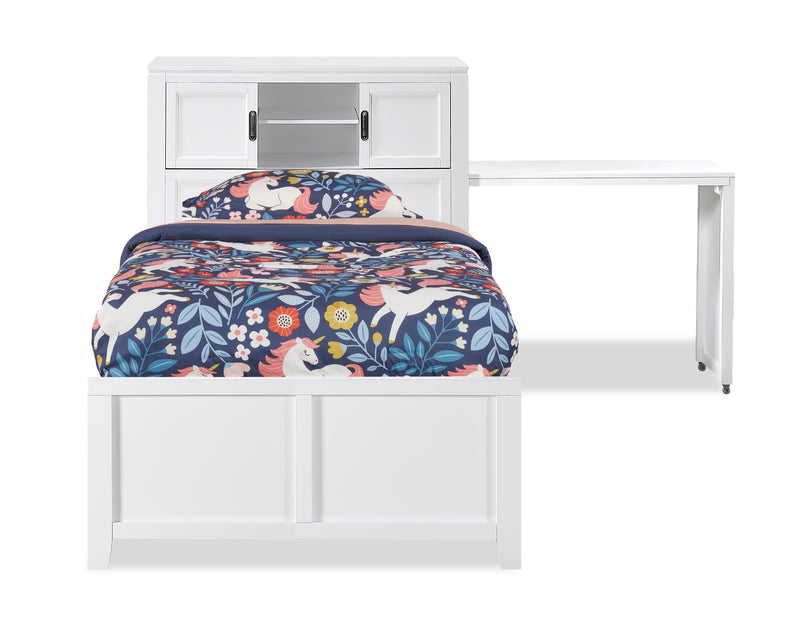 Lit plateforme Quinn avec tête de lit bibliothèque, bureau intégré et tabouret, blanc - format lit simple