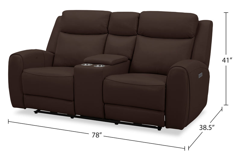 Causeuse à inclinaison électrique Reign de 78 po en cuir véritable de qualité supérieure avec console - brun chocolat Silverado