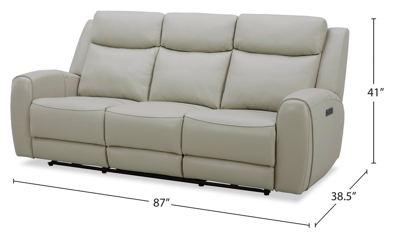 Sofa à inclinaison électrique Reign de 87 po en cuir véritable de qualité supérieure avec ports USB - taupe clair de lune Deltona